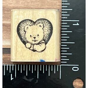 RARE HTF 1992 Penny Black Teddy Bear Heart Wood Mounted Rubber Stamp 433A